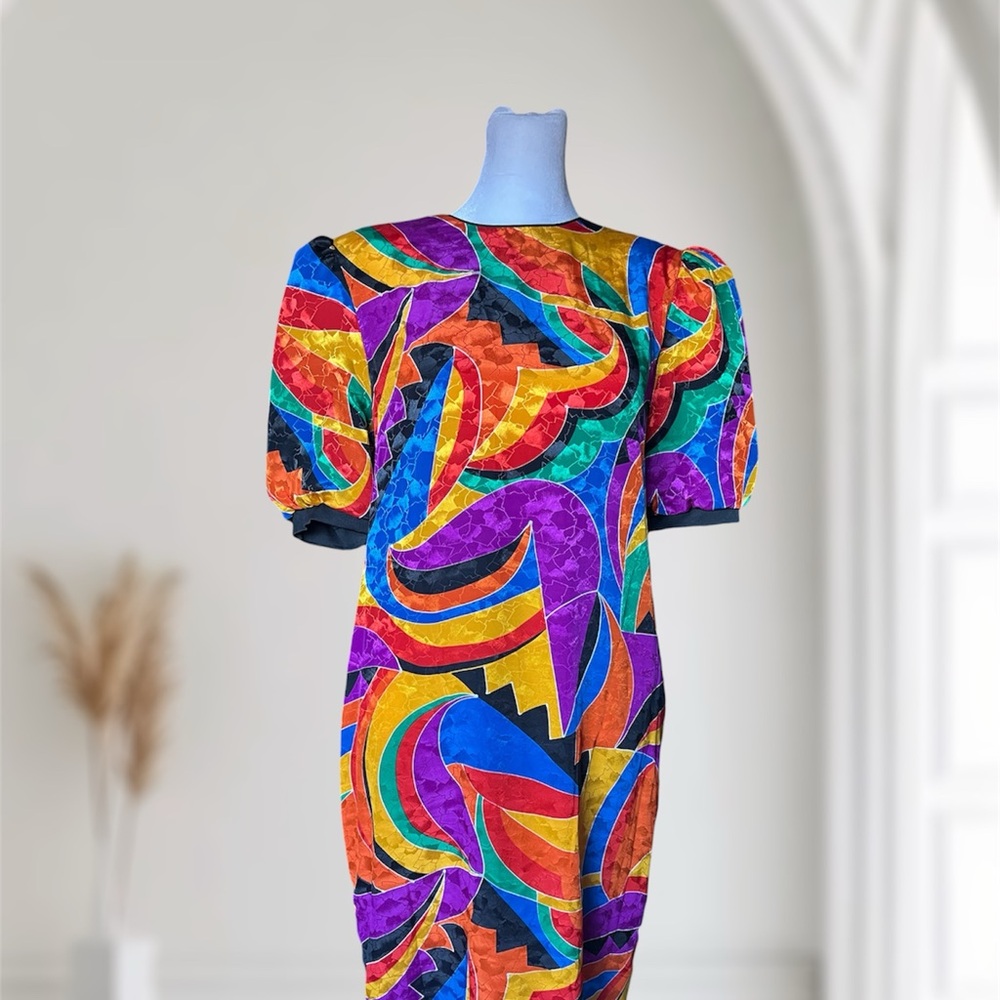 Vintage Toni Petite 8P Geometric Abstract Sheath Dress 80s 90s Retro - Picture 2 of 8